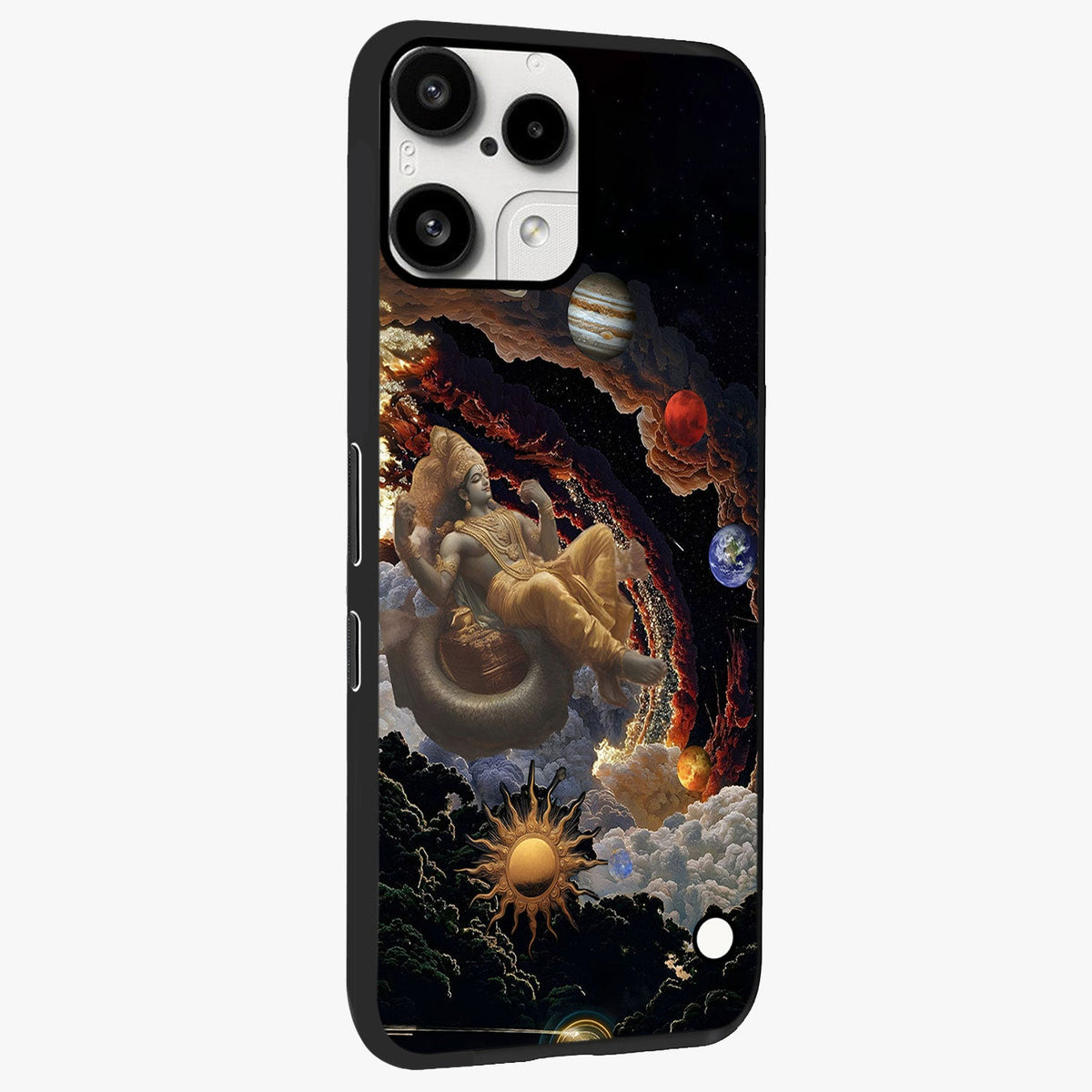 Galactic Divine God Glass Case upright view showcasing mystical divine artwork with dramatic cosmic theme.