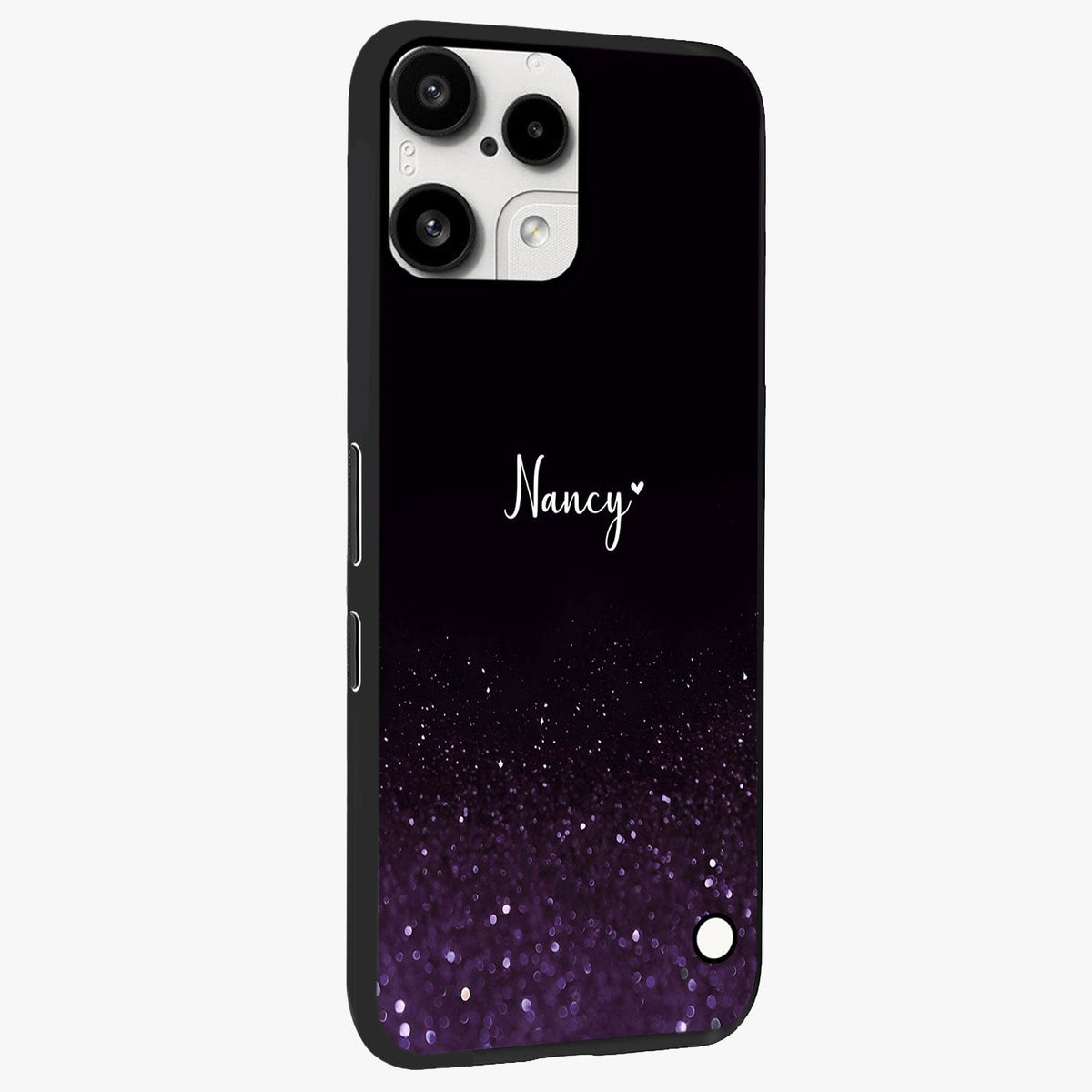 Glittery Purple Bokeh Custom Name Glass Case upright view showcasing vibrant purple sparkle artwork with personalized aesthetic style.