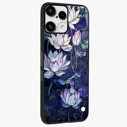 Gloss Petal Rush Glass Case upright view showcasing dynamic floral petal artwork with modern botanical theme.