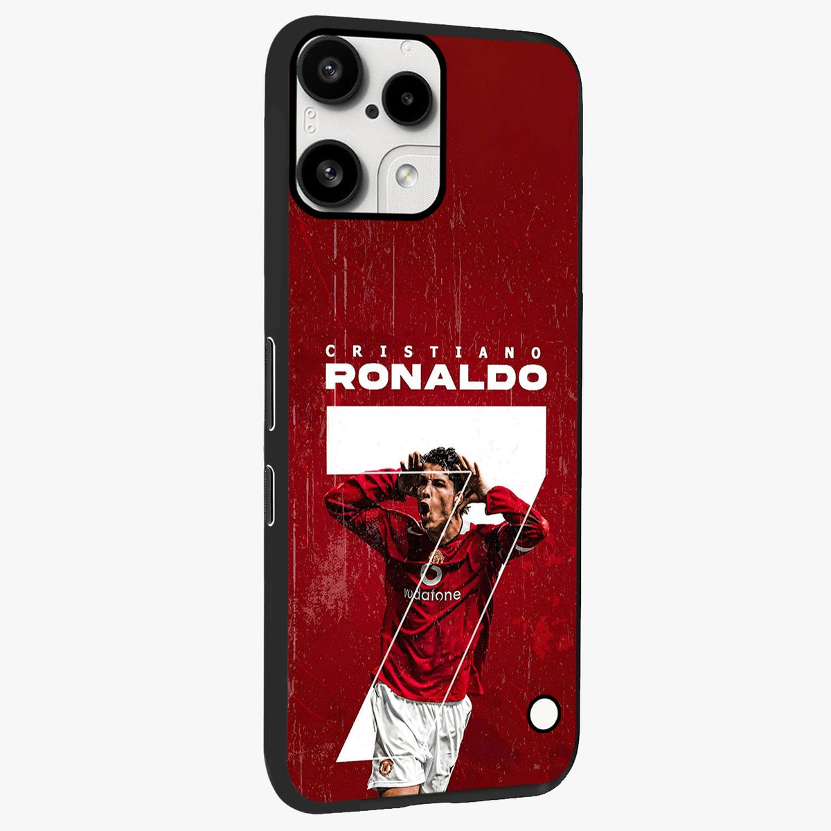 Goal Celebration Legacy Glass Case upright view showcasing dynamic football inspired artwork with victory celebration aesthetic.