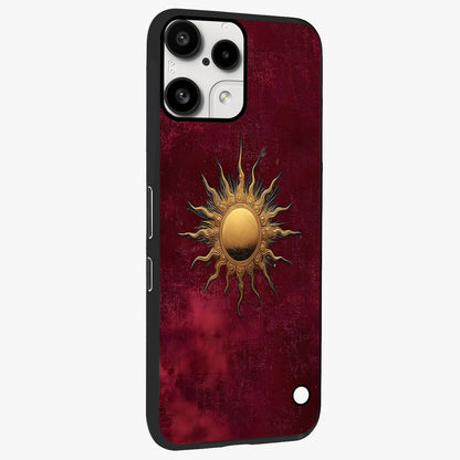 Golden Sun Minimalism Glass Case upright view showcasing simple golden sun artwork with elegant minimalist style.