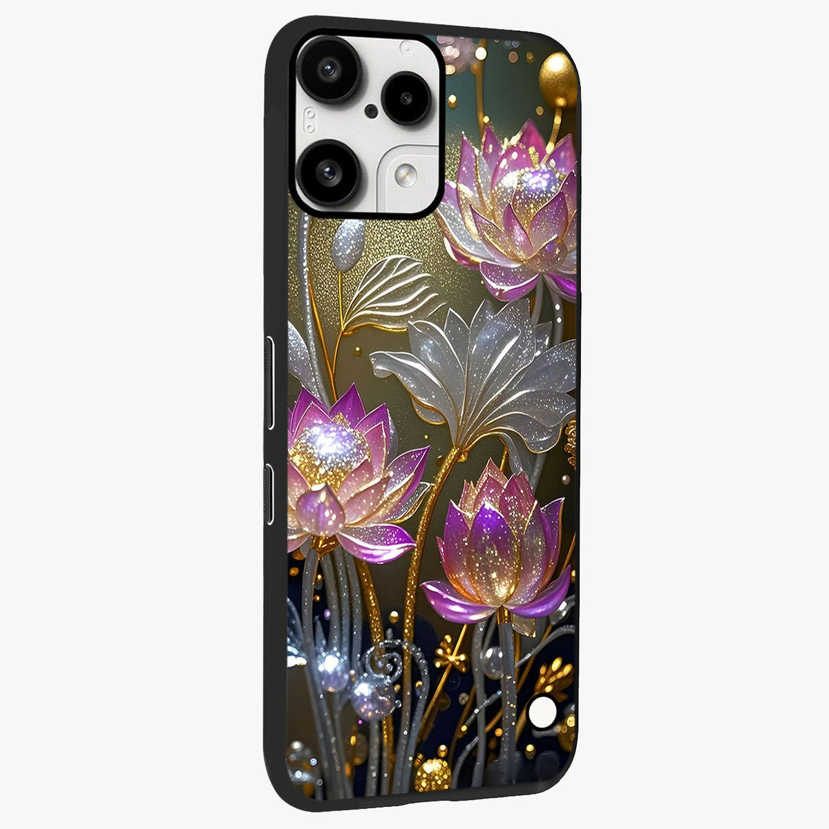 Golden Floral Majesty Glass Case upright view showcasing majestic floral artwork with rich decorative theme.