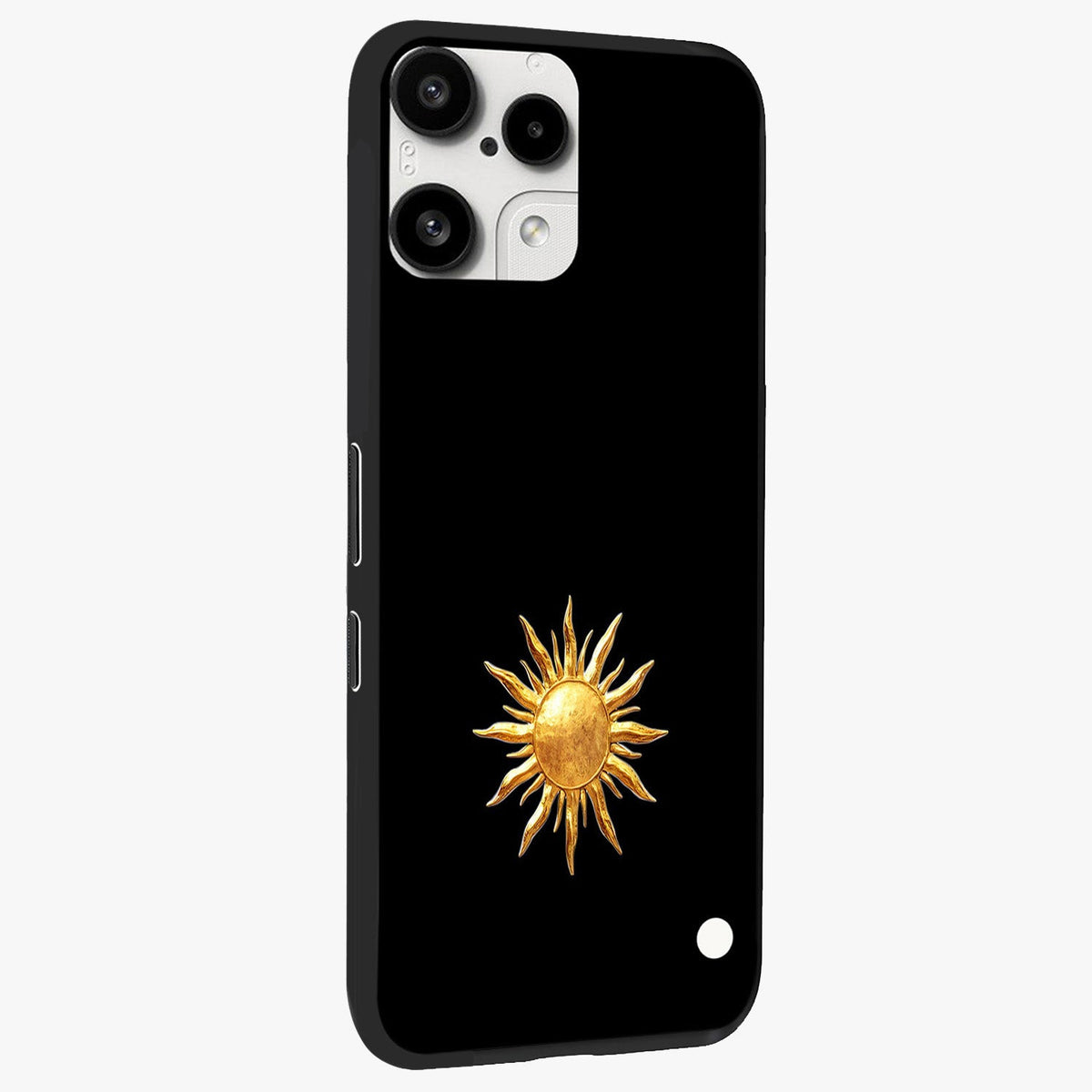Golden Sun Minimalism Glass Case upright view showcasing haunting graveyard artwork with dramatic dark theme.