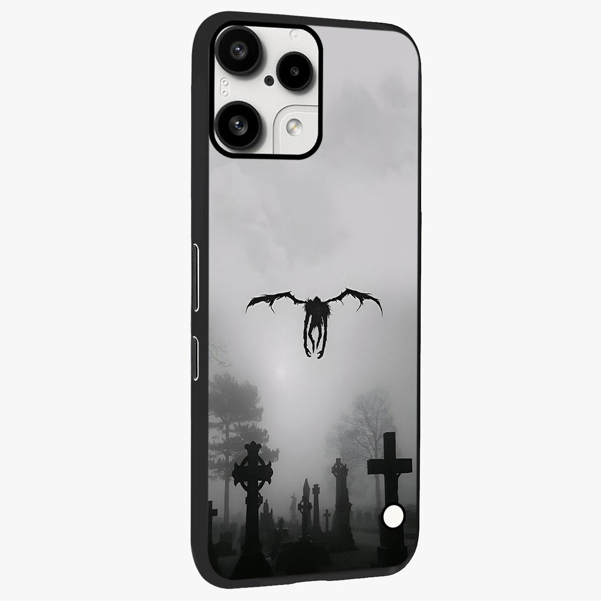 Graveyard Shadow Descent Glass Case upright view showcasing haunting graveyard artwork with dramatic dark theme.