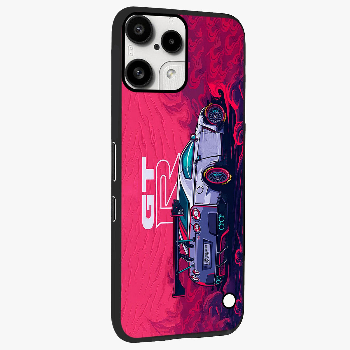 GT-R Car Pattern Glass Case upright view showcasing dynamic car pattern artwork with modern sports theme.