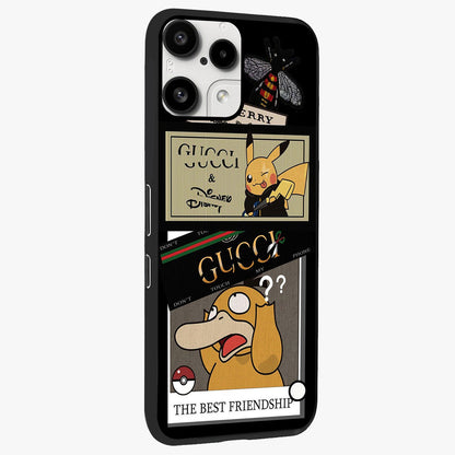 Gucci Play Mashup Glass Case upright view showcasing trendy luxury inspired artwork with modern fashion theme.