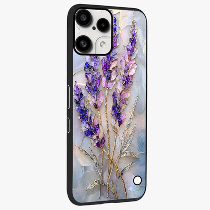 Lavender Dream Glow Glass Case upright view showcasing radiant lavender glow artwork with calming dreamy theme.