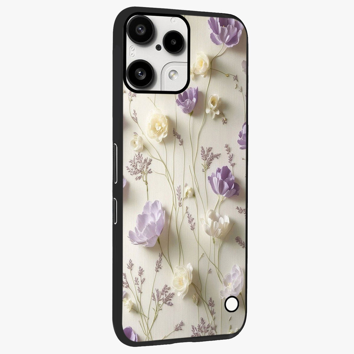 Lilac Breeze Harmony Glass Case upright view showcasing delicate lilac artwork with peaceful floral theme.