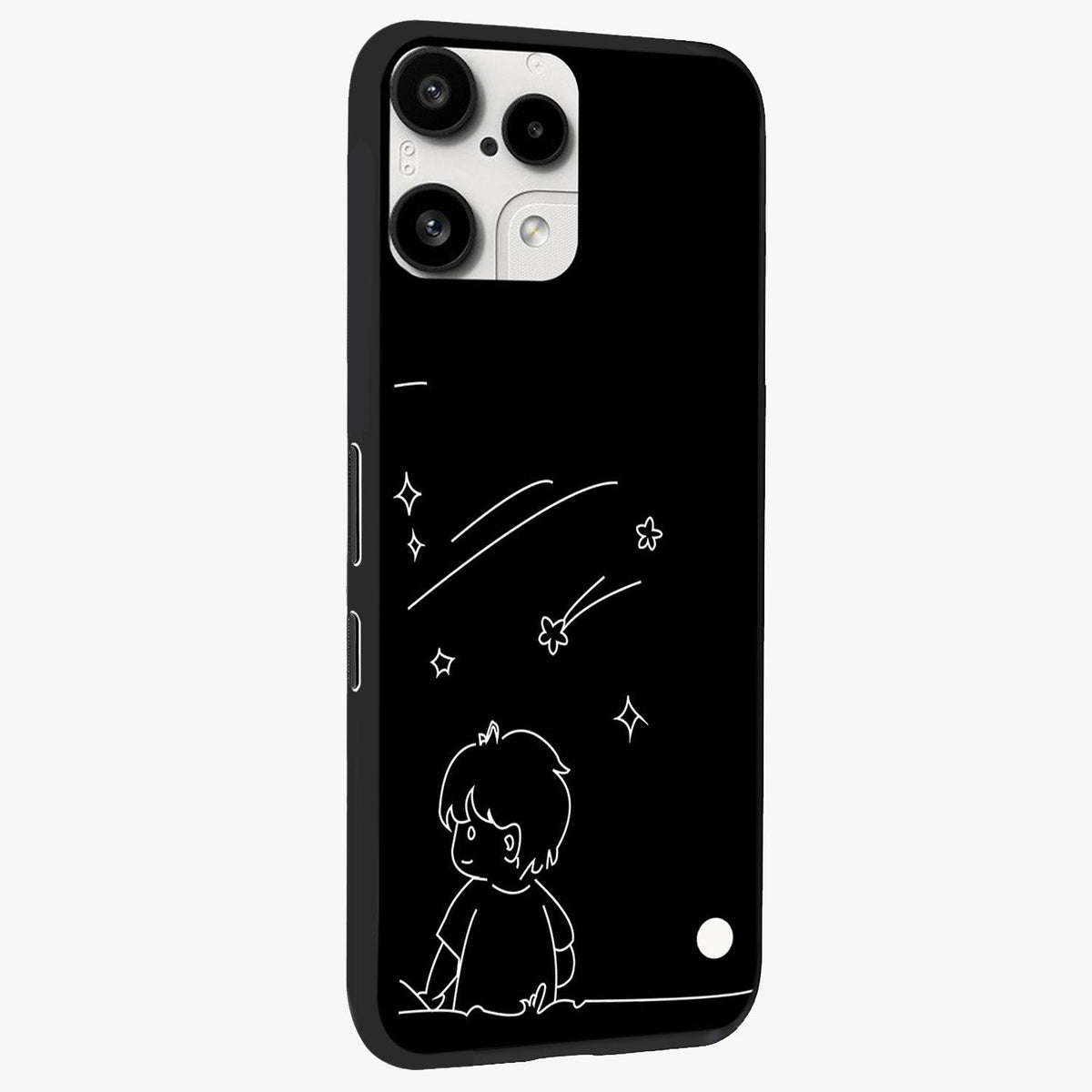 Line Art Boy With Shooting Stars Glass Case upright view showcasing artistic shooting star illustration with minimal style.