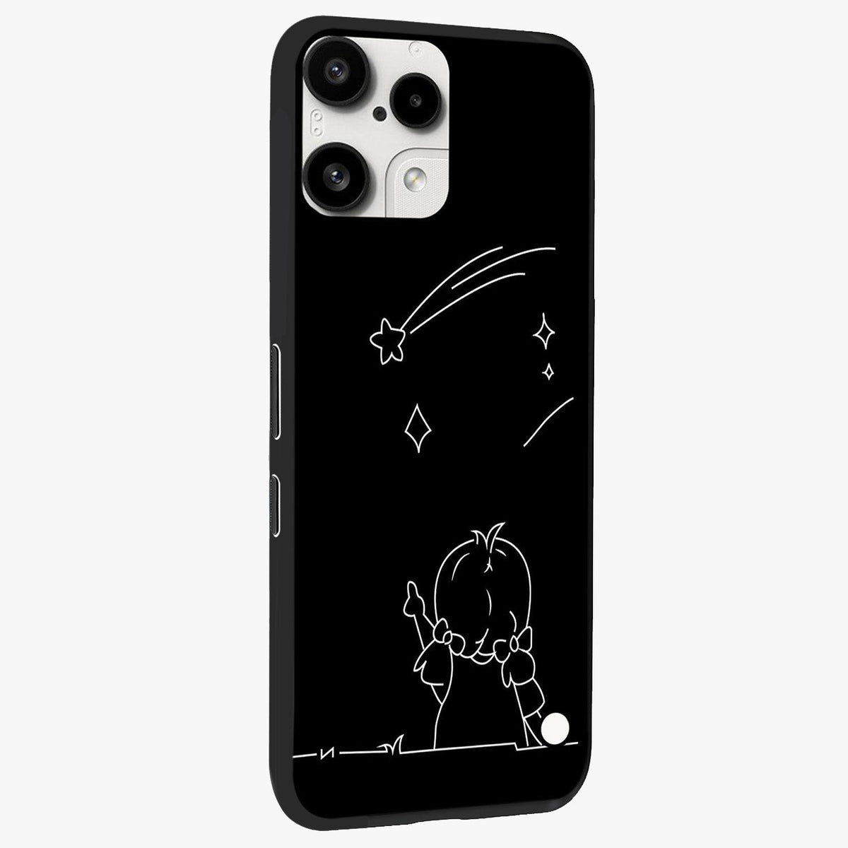 Line Art Girl With Shooting Stars Glass Case upright view showcasing delicate shooting stars artwork with minimal artistic theme.