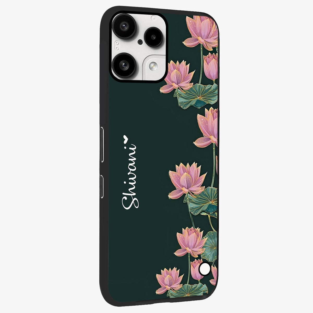 Lotus Bloom Serenity Custom Name Glass Case upright view showcasing serene lotus bloom artwork with personalized floral aesthetic.