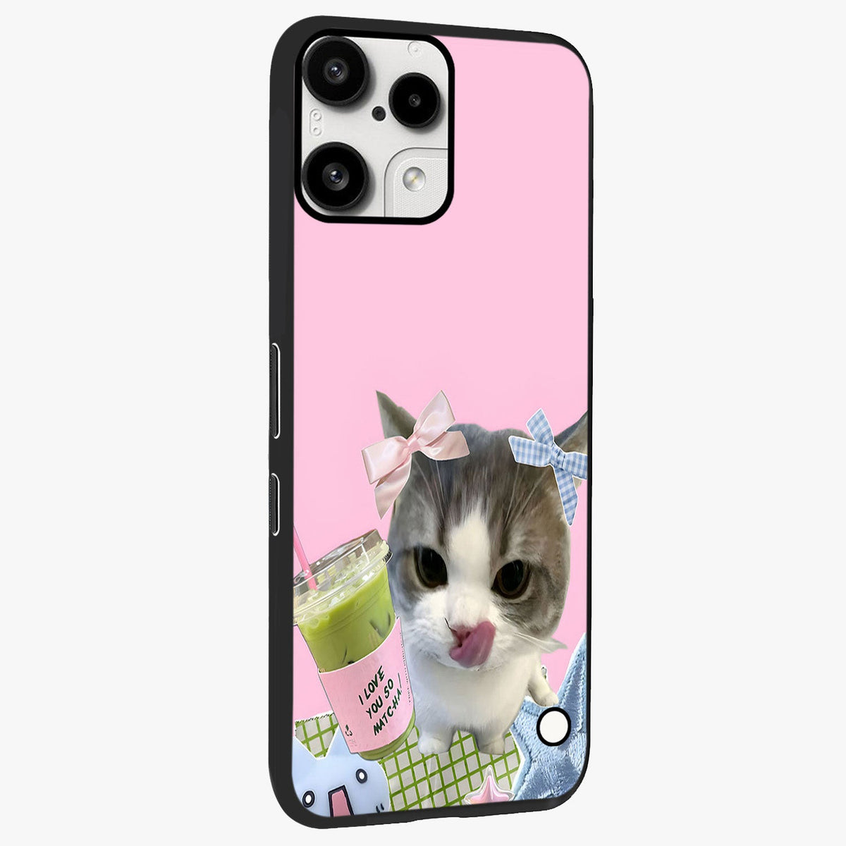 Love Matcha Cat Glass Case upright view showcasing adorable cat artwork with charming matcha themed design.