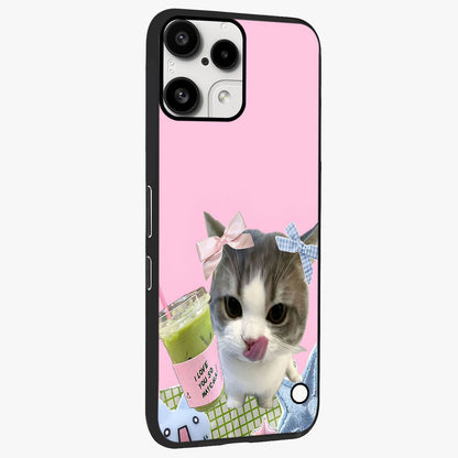 Love Matcha Cat Glass Case upright view showcasing adorable cat artwork with charming matcha themed design.