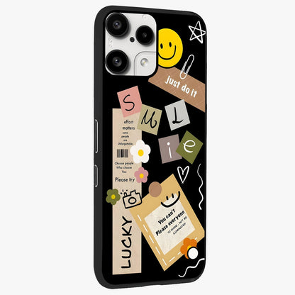 Lucky Aesthetic Collage Glass Case upright view showcasing vibrant collage artwork with youthful aesthetic theme.