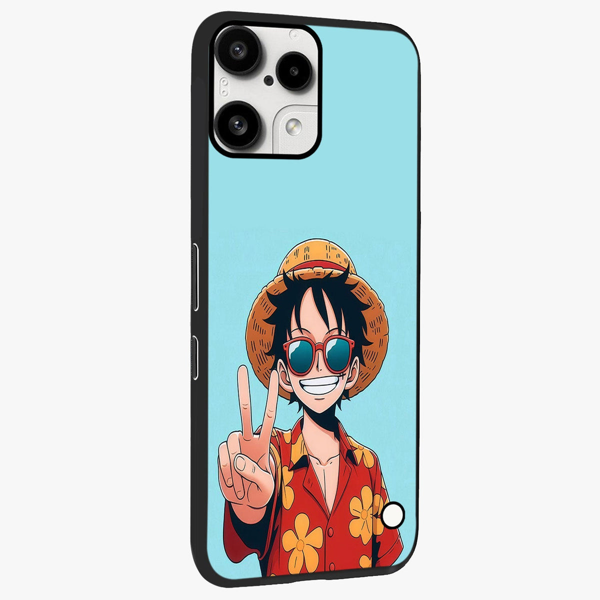 Luffy Summer Anime Vibe Glass Case upright view showcasing dynamic anime artwork with bright adventurous theme.