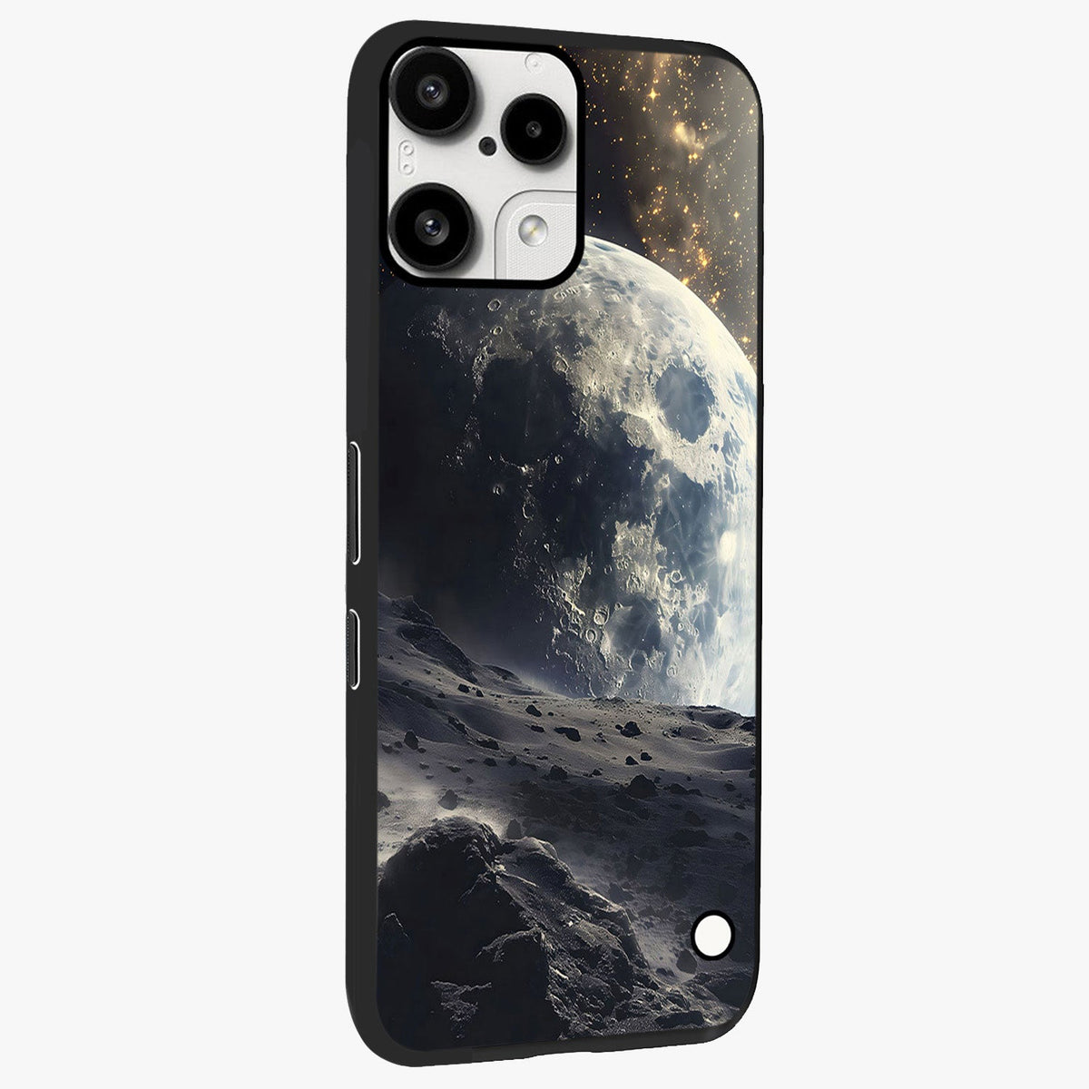 Lunar Horizon Glow Glass Case upright view showcasing radiant lunar artwork with calm cosmic theme.