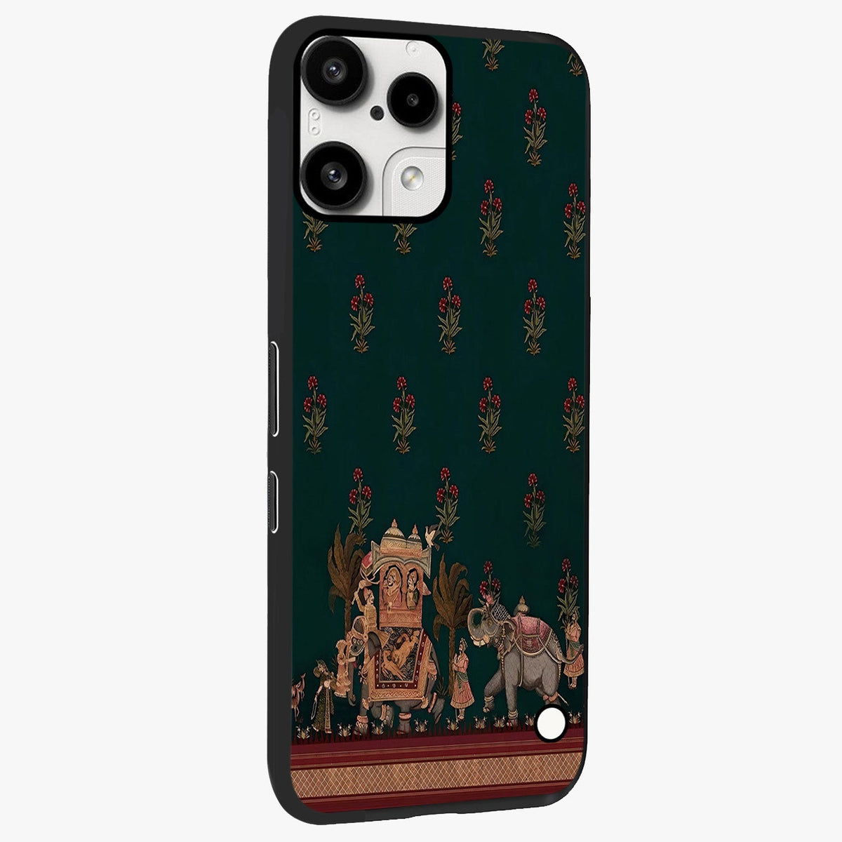 Macmerise Glass Case upright view showcasing bold artistic artwork with contemporary design theme.