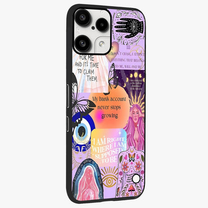 Manifestation Collage Glass Case upright view showcasing artistic manifestation themed artwork with creative style.