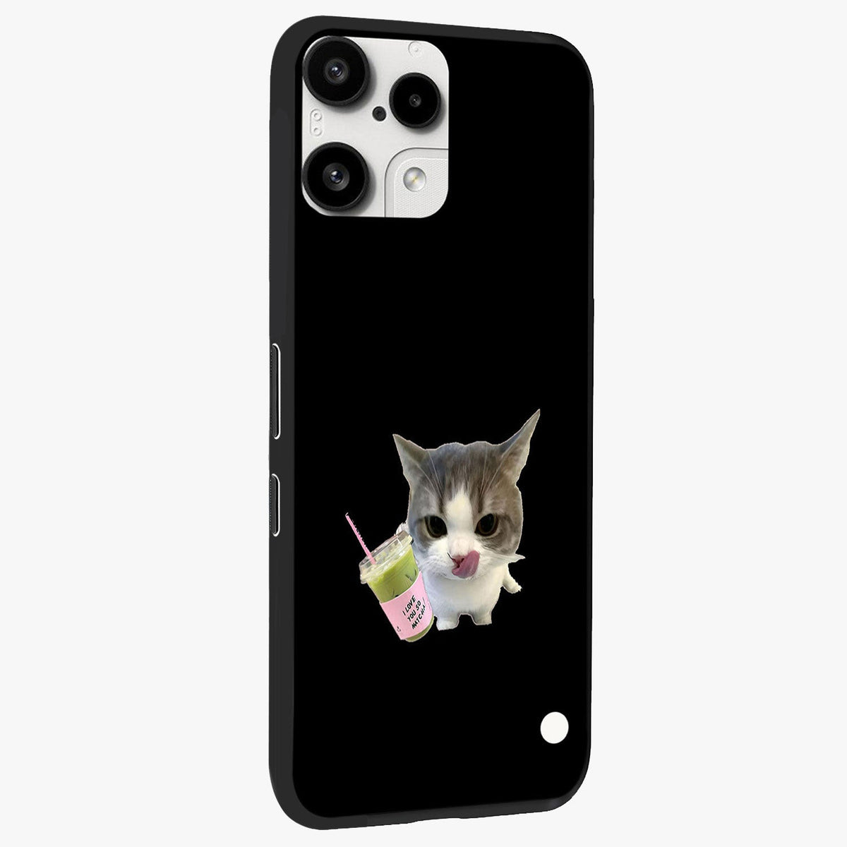 Matcha Cat Style Glass Case upright view showcasing charming cat artwork with cozy aesthetic theme.