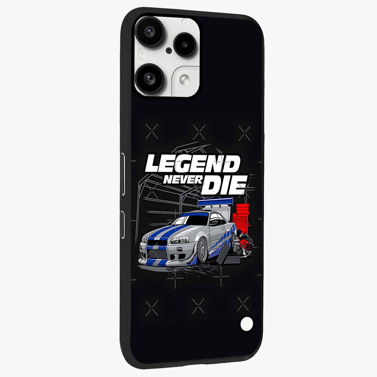 Midnight Racing Legacy Glass Case upright view showcasing powerful racing artwork with modern sports theme.