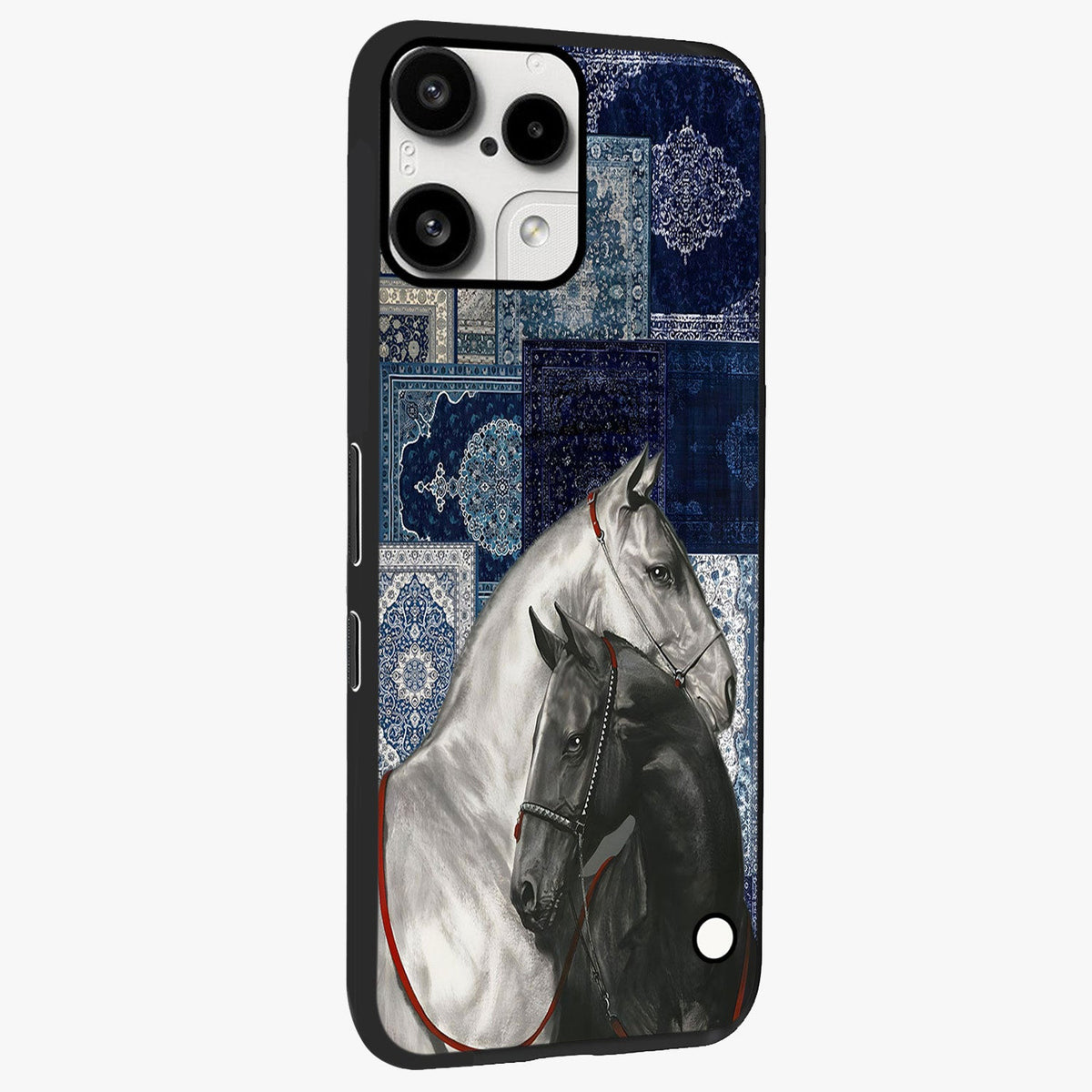 Midnight Stallion Blues Glass Case upright view showcasing dramatic horse artwork with bold artistic theme.