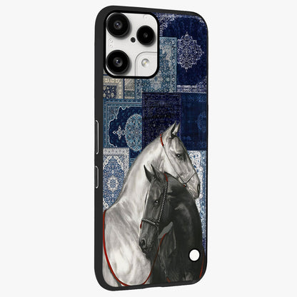 Midnight Stallion Blues Glass Case upright view showcasing dramatic horse artwork with bold artistic theme.