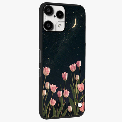 Midnight Tulip Whispers Vibe Glass Case upright view showcasing graceful tulip artwork with calm botanical theme.