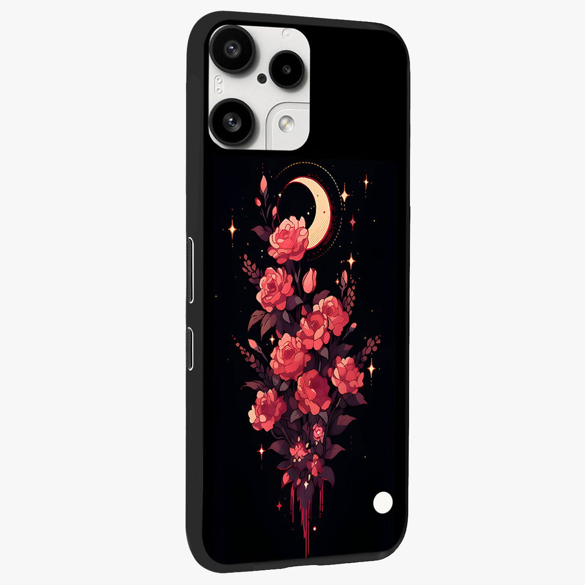 Moonlit Floral Elegance Glass Case upright view showcasing delicate floral artwork with refined night inspired theme.