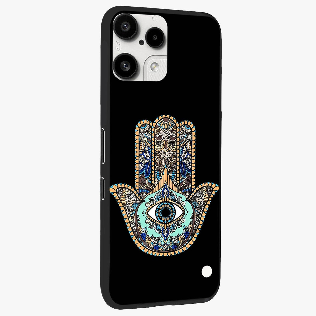 Mystic Hamsa Eye Glass Case upright view showcasing detailed hamsa eye artwork with protective spiritual theme.