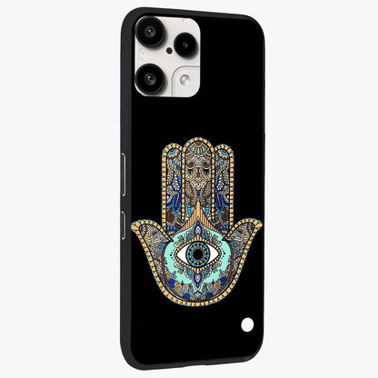 Mystic Hamsa Eye Glass Case upright view showcasing detailed hamsa eye artwork with protective spiritual theme.