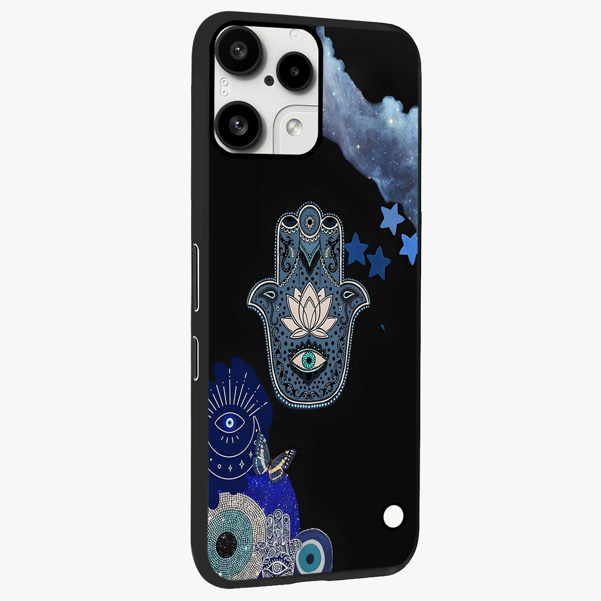 Mystic Hand Aura Glass Case upright view showcasing symbolic hand artwork with mystical energy theme.