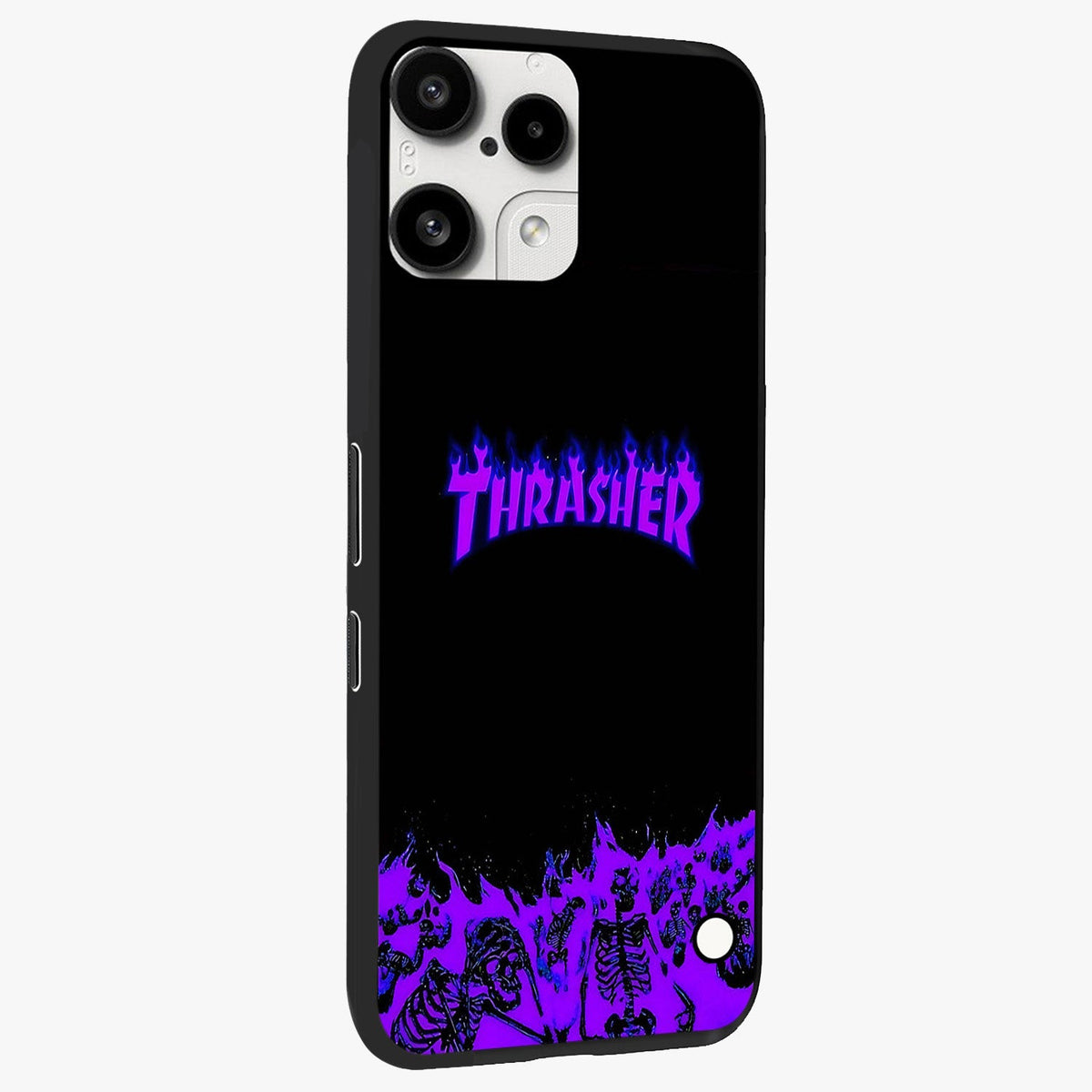 Neon Flame Riot Glass Case upright view showcasing dynamic flame artwork with energetic neon theme.