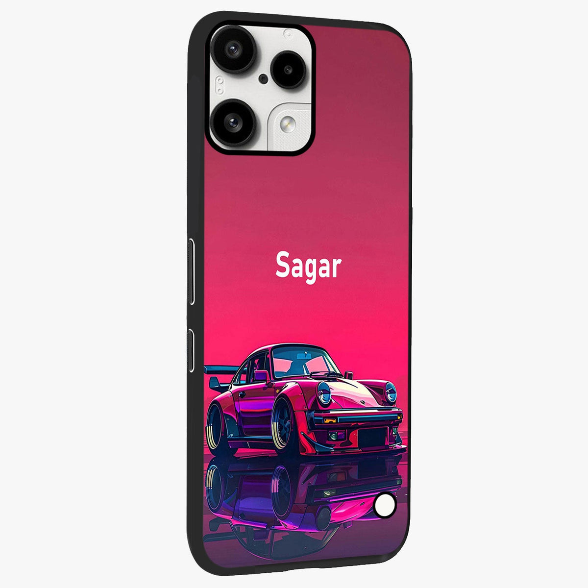Neon Pink Porsche Glass Case upright view showcasing vibrant sports car artwork with bold automotive theme.