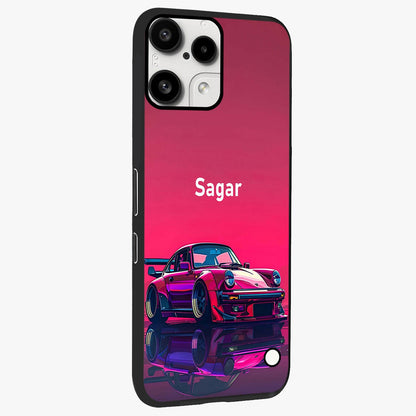 Neon Pink Porsche Glass Case upright view showcasing vibrant sports car artwork with bold automotive theme.