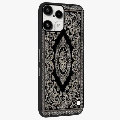 Noir Bloom Elegance Glass Case upright view showcasing graceful floral artwork with luxurious dark theme.