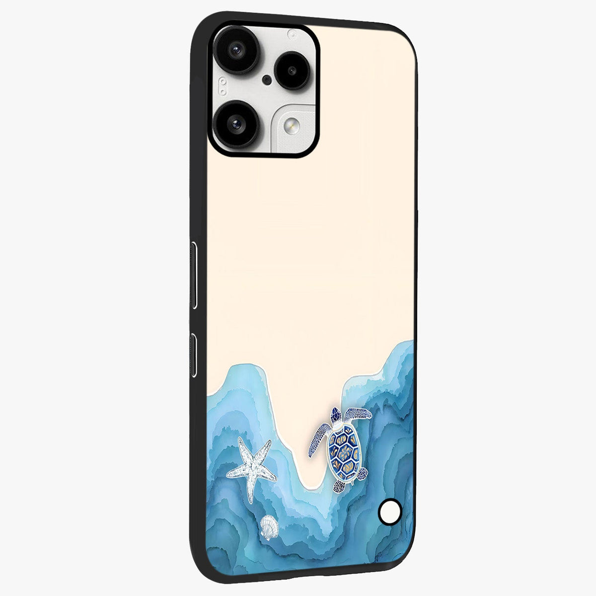 Ocean Drift Turtle Glass Case upright view showcasing calm underwater turtle artwork with nature inspired theme.