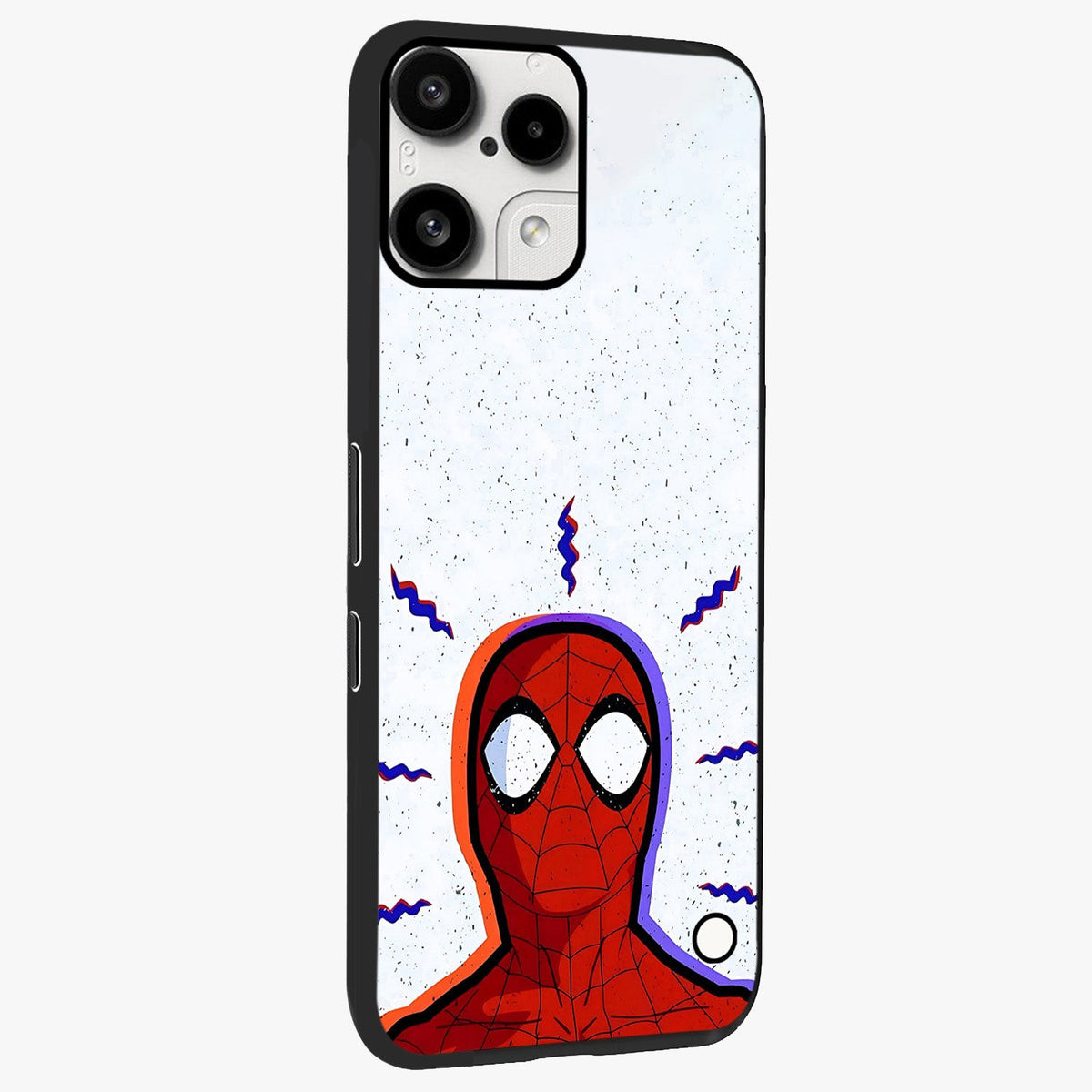 Omg Spiderman Glass Case upright view showcasing energetic superhero artwork with vibrant comic theme.