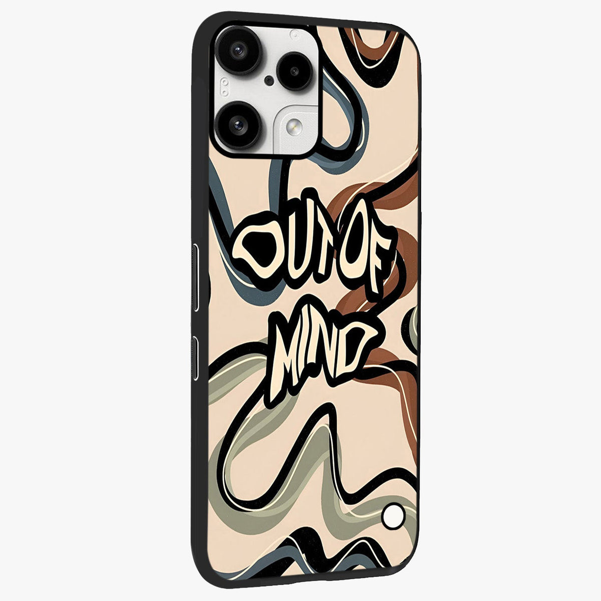 Out Of Mind Glass Case upright view showcasing striking typography artwork with edgy conceptual theme.