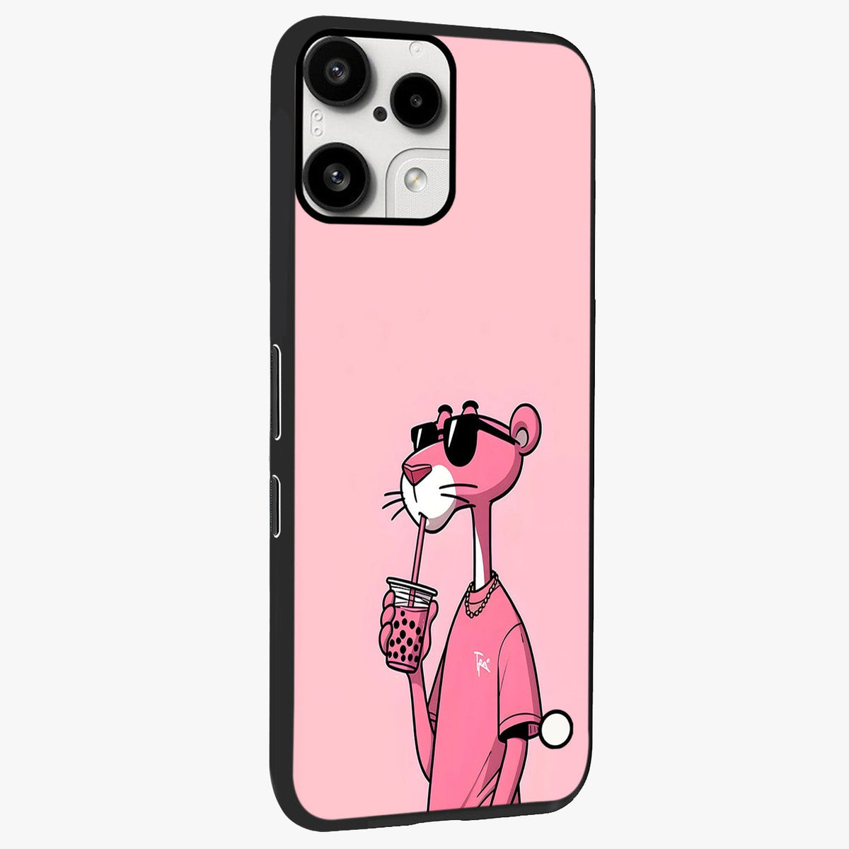 Pink Panther Glass Case upright view showcasing fun animated artwork with stylish retro cartoon theme.