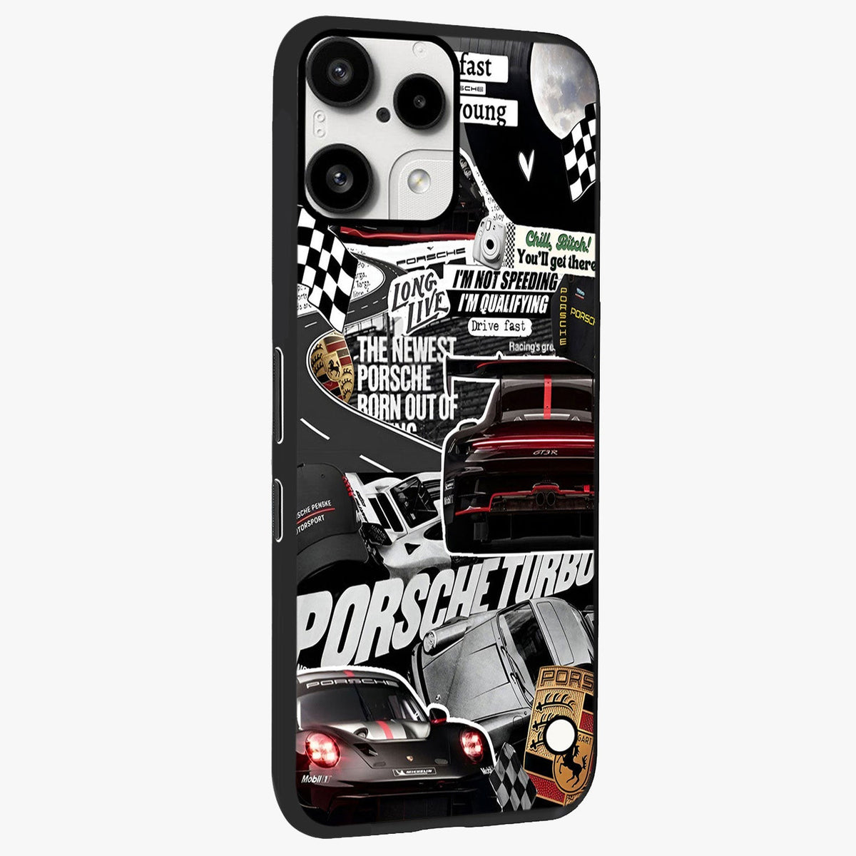 Porsche Racing Collage Glass Case upright view showcasing energetic car collage artwork with high speed racing theme.