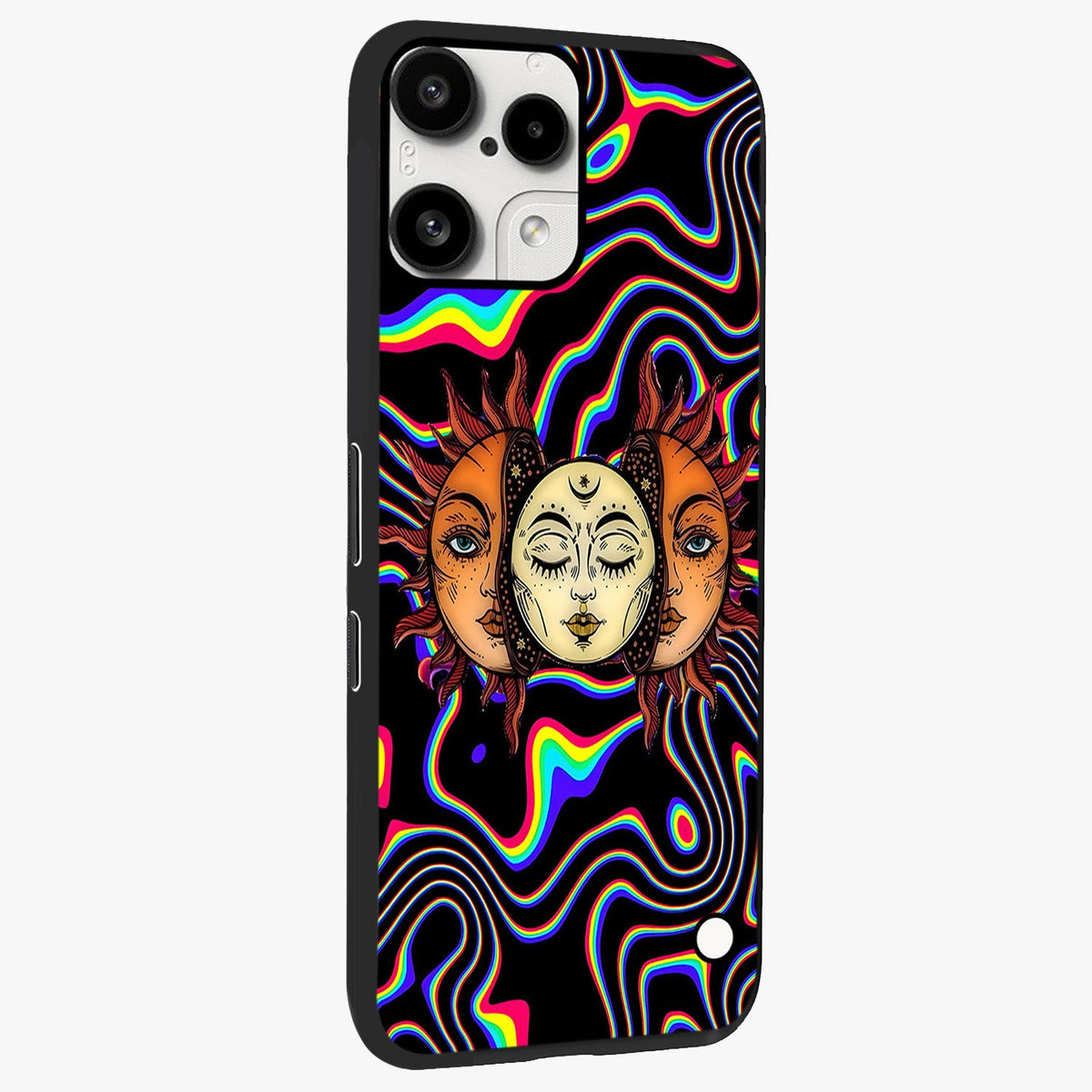 Psychedelic Sun Glass Case upright view showcasing trippy sun artwork with bold psychedelic theme.