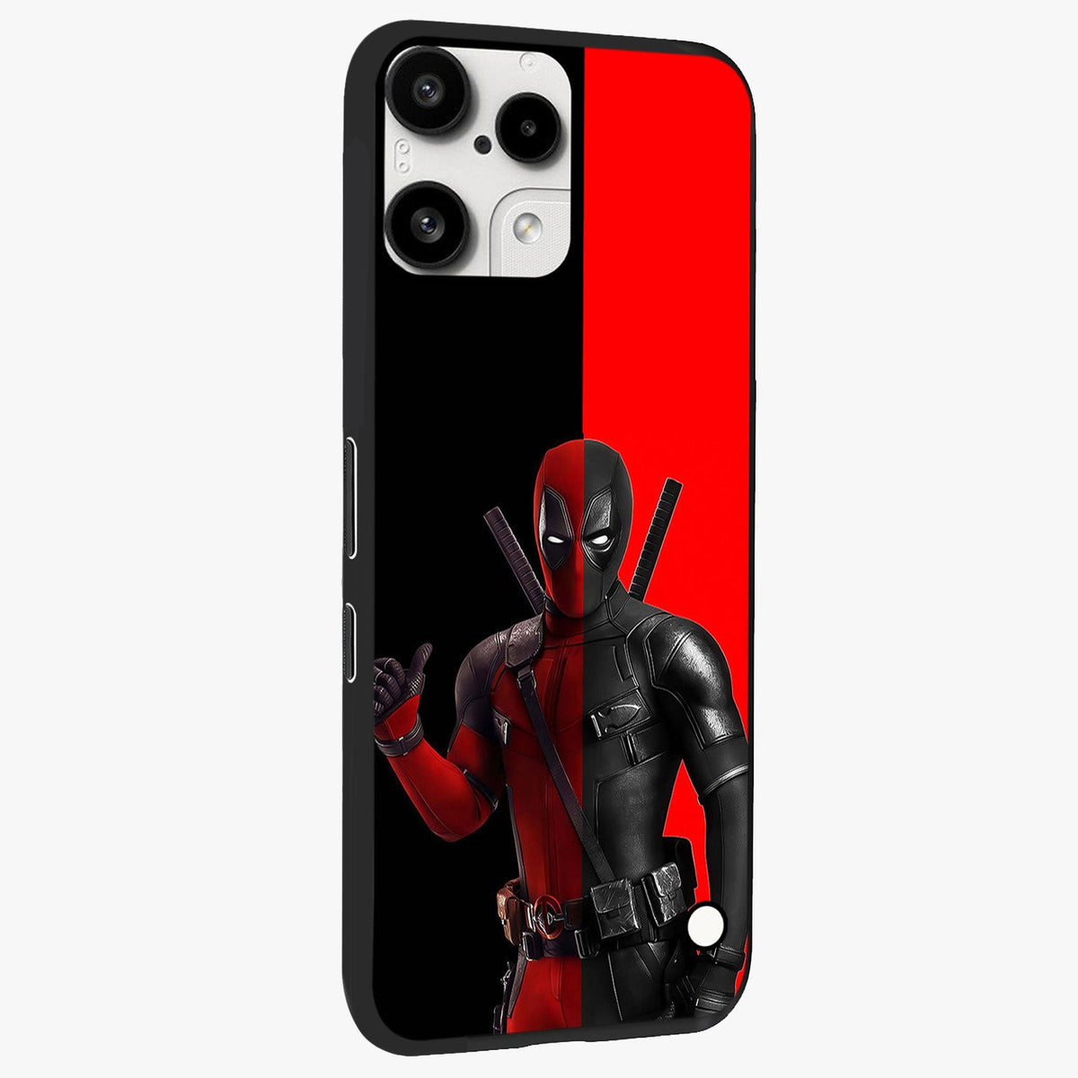 Red & Black Deadpool Theme Glass Case upright view showcasing energetic comic themed artwork with striking red and black design.
