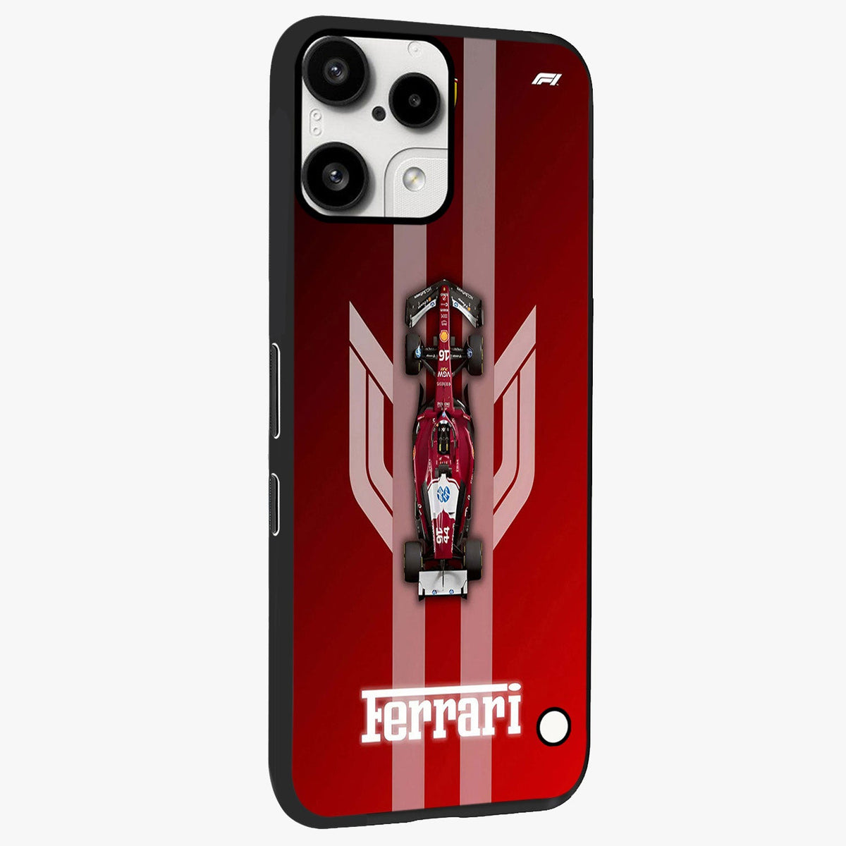 Red Ferrari F1 Vertical Glass Case upright view showcasing powerful Formula car artwork with dynamic motorsport theme.