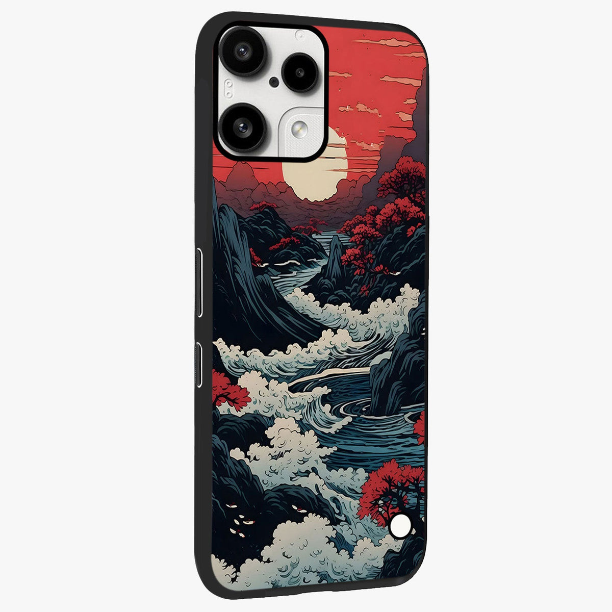 Red Sunset Scenery Glass Case upright view showcasing dramatic sunset scenery artwork with warm nature theme.