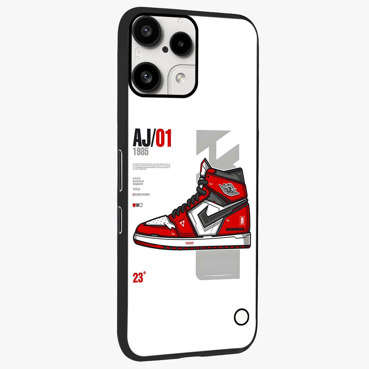 Retro Sneaker Blueprint Glass Case upright view showcasing stylish sneaker illustration with vintage streetwear theme.