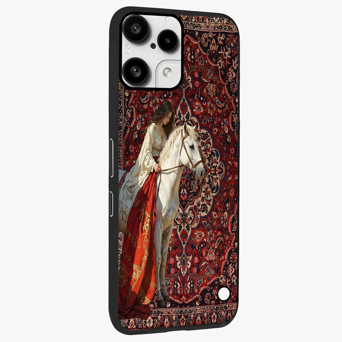 Royal Rider Tapestry Glass Case upright view showcasing detailed rider artwork with classic tapestry theme.