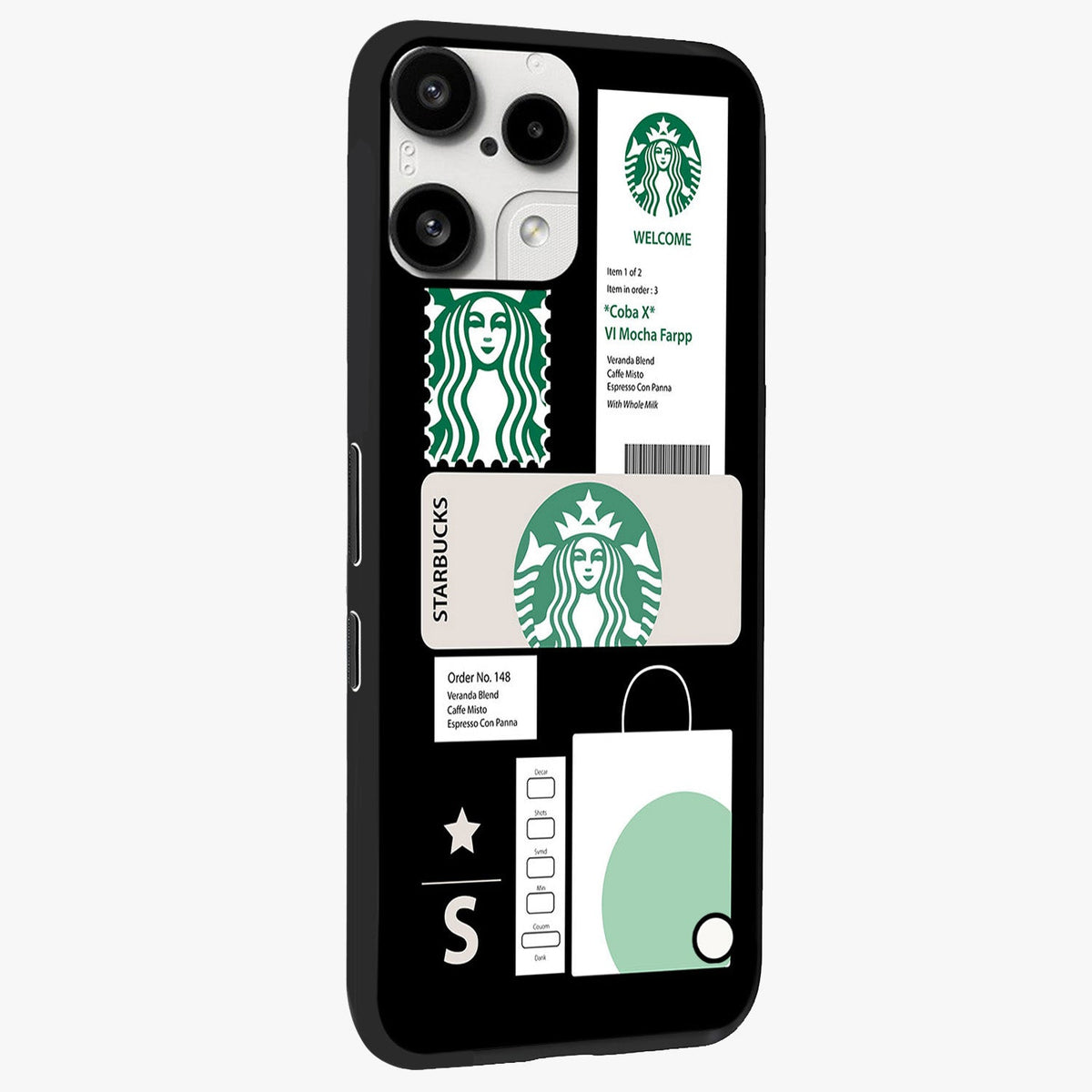 Starbucks Mocha Glass Case upright view showcasing trendy coffee inspired artwork with modern lifestyle theme.