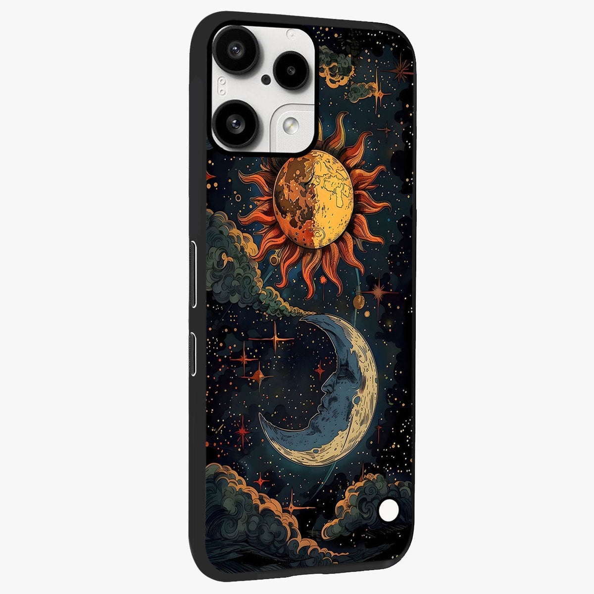 Sun And Moon Magic Design Glass Case upright view showcasing decorative sun and moon artwork with spiritual celestial theme.