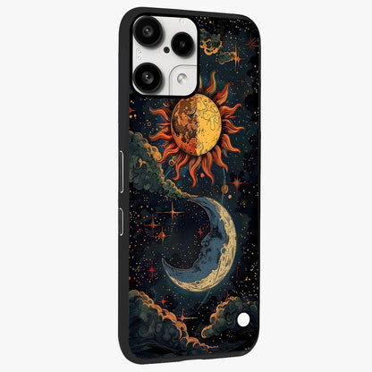 Sun And Moon Magic Design Glass Case upright view showcasing decorative sun and moon artwork with spiritual celestial theme.