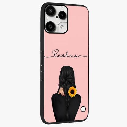 Sunflower Braid Beauty With Custom Name Glass Case upright view showcasing bright sunflower artwork with personalized floral aesthetic.